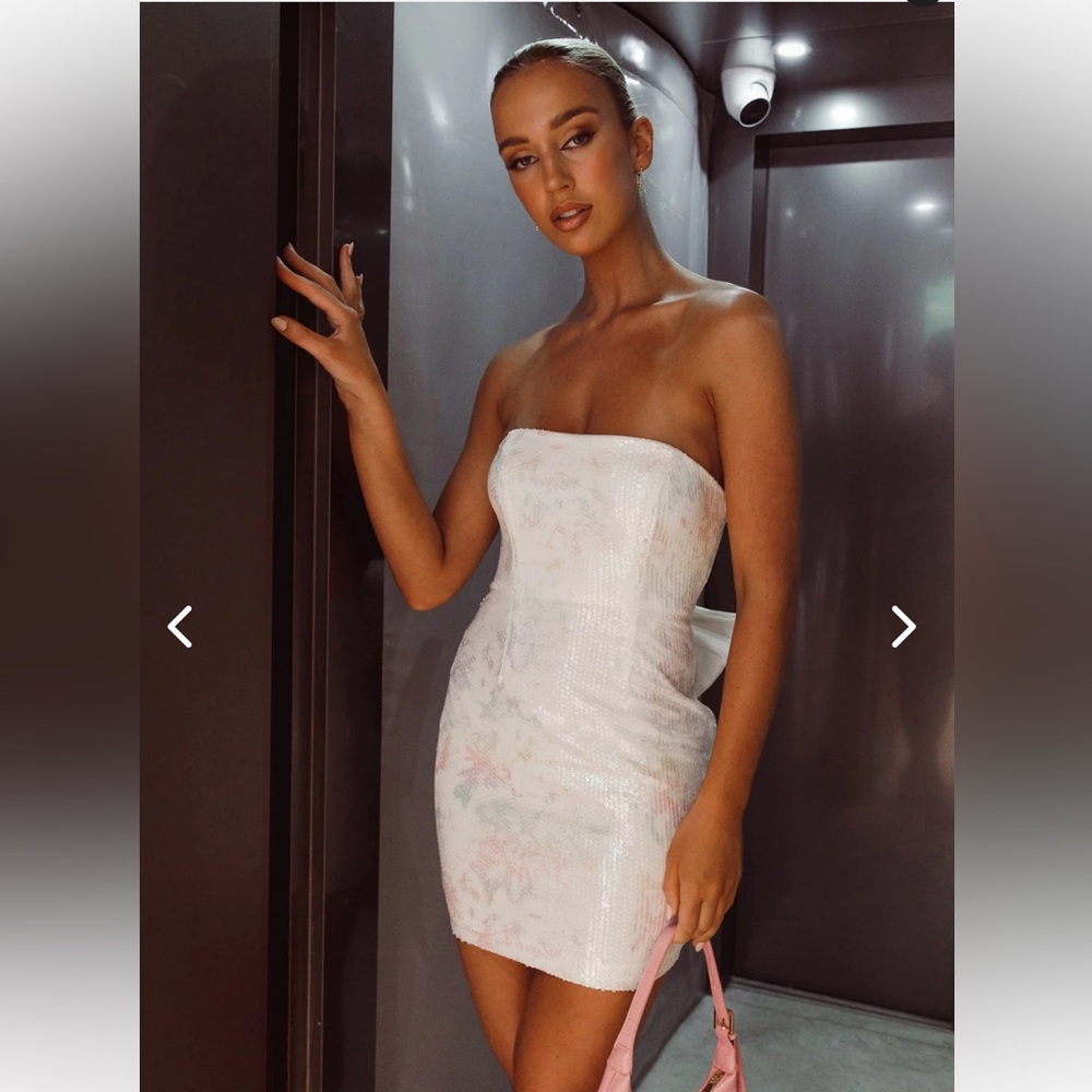 VIDA BOW SEQUIN MINI DRESS WHITE
